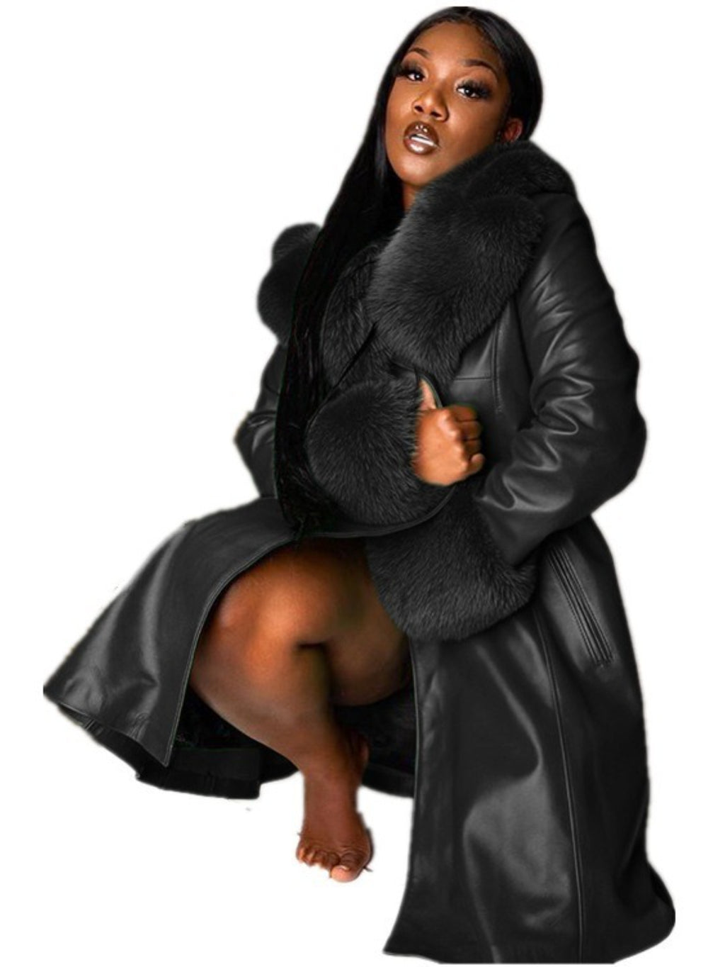 Plus Size Women's Purple PU Leather Coat with Faux Fur Collar & Lapel — Long Oversized Winter Jacket, Gold Zipper, Machine Washable