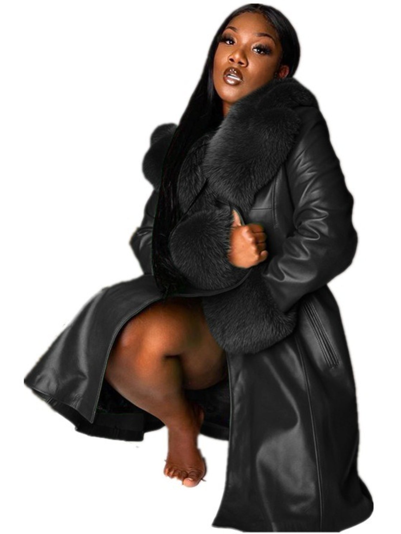 Plus Size Women's Purple PU Leather Coat with Faux Fur Collar & Lapel — Long Oversized Winter Jacket, Gold Zipper, Machine Washable