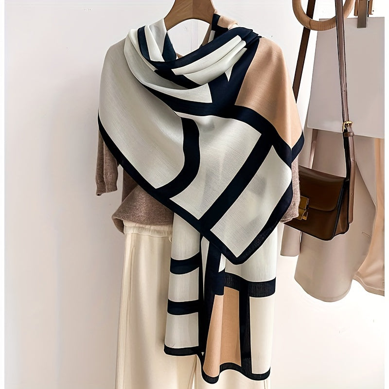 Breathable Polyester Scarf for Women, Windproof Sunscreen Travel Wrap with Contrast Color Print