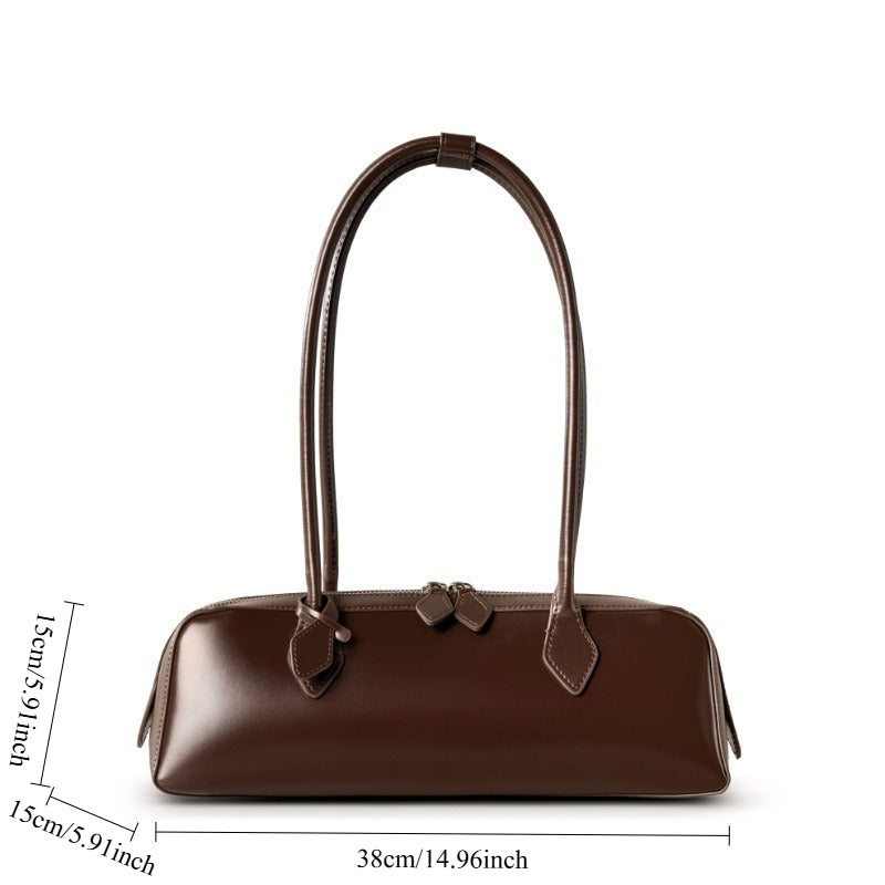 Women's Large Capacity Cowhide Baguette Shoulder Bag, Split Leather Handbag with Zipper and Adjustable Crossbody/Underarm Strap, Gold Hardware