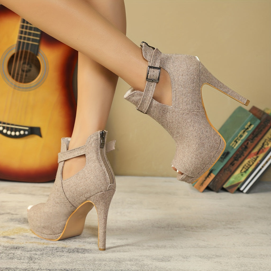 Women's Solid Stiletto Peep Toe Pumps with Back Zipper and Buckle Strap - Ultra High Heels