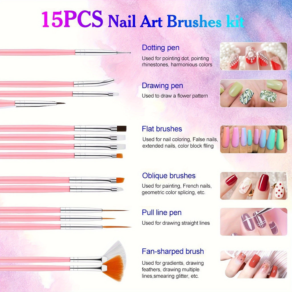 15-Piece Nail Art Brush Set with 5 Dotting Pens, Rhinestones, Sequins, Foils & Tweezers – Nail Design Kit