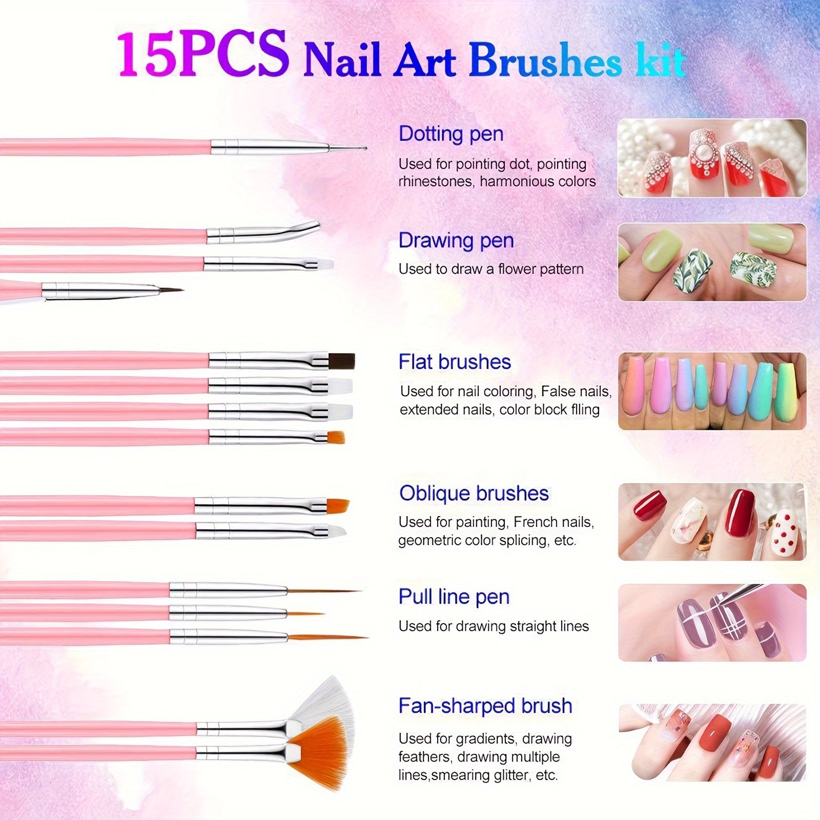 15-Piece Nail Art Brush Set with 5 Dotting Pens, Rhinestones, Sequins, Foils & Tweezers – Nail Design Kit
