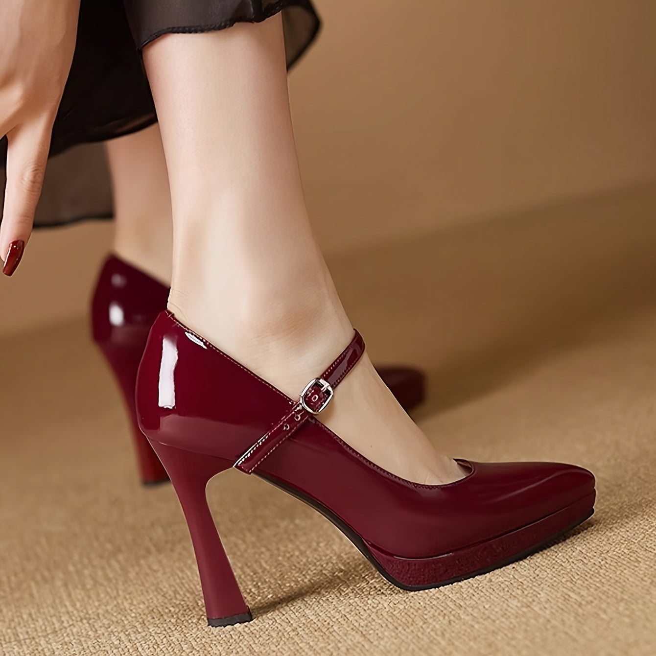 Burgundy Stiletto Heels for Women – Pointed Toe Ankle Strap High Heel Pumps, Smooth Faux Leather Office Dress Shoes