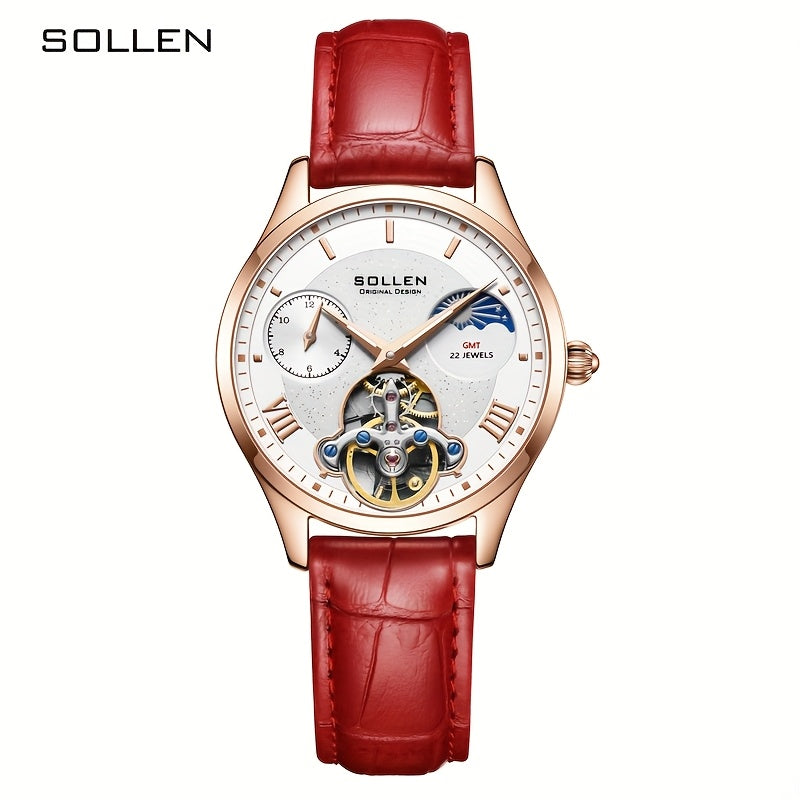 SOLLEN Women's Automatic Mechanical Watch — Luminous Hands, Day-Date & Chronograph, White Dial with Red Markers, Gold-Tone Hands, PU Leather Strap
