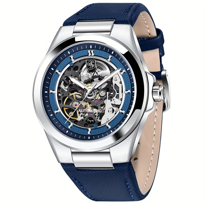 BY BENYAR Automatic Mechanical Unisex Watch – Luminous Round Dial, Blue & Gold Accents, PU Faux Leather Strap