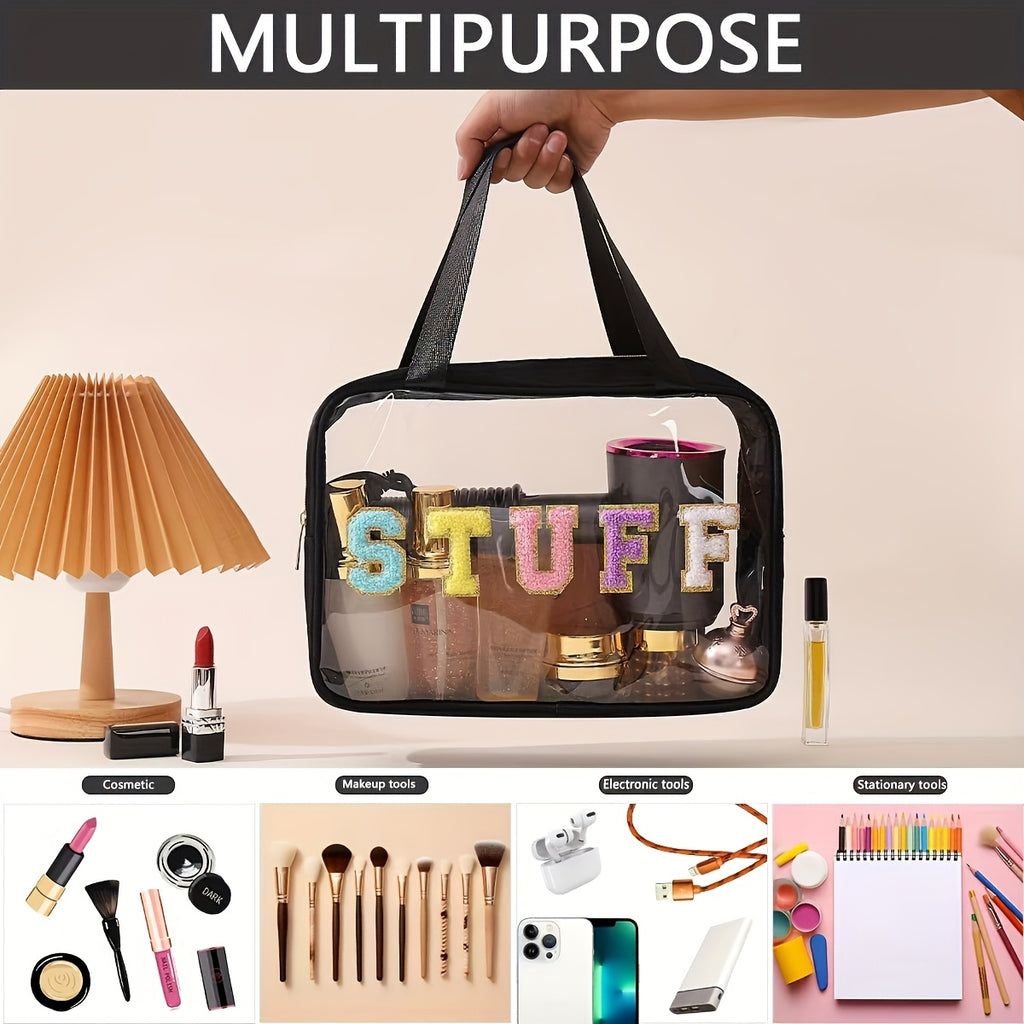 Large Transparent Makeup Organizer Bag with SURF Embroidery | Foldable Travel Cosmetic Pouch with Double-Handle Zipper