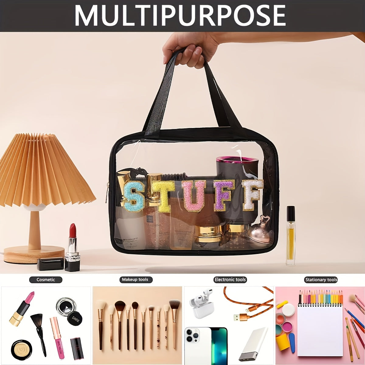 Large Transparent Makeup Organizer Bag with SURF Embroidery | Foldable Travel Cosmetic Pouch with Double-Handle Zipper