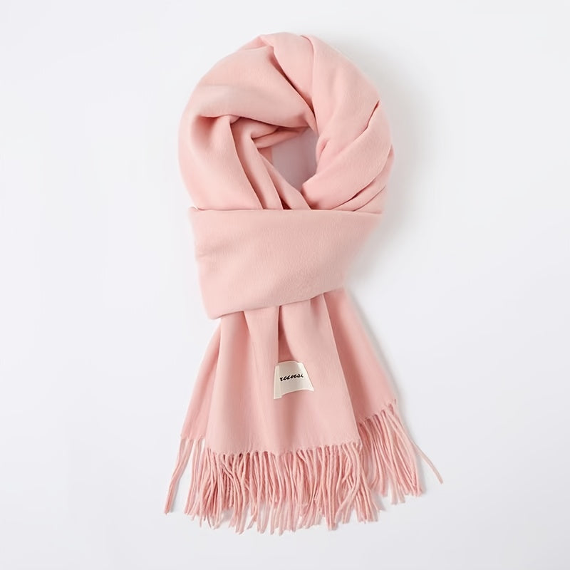 Solid Color Tassel Scarf with Fringe - Lightweight Polyester Shawl for Women