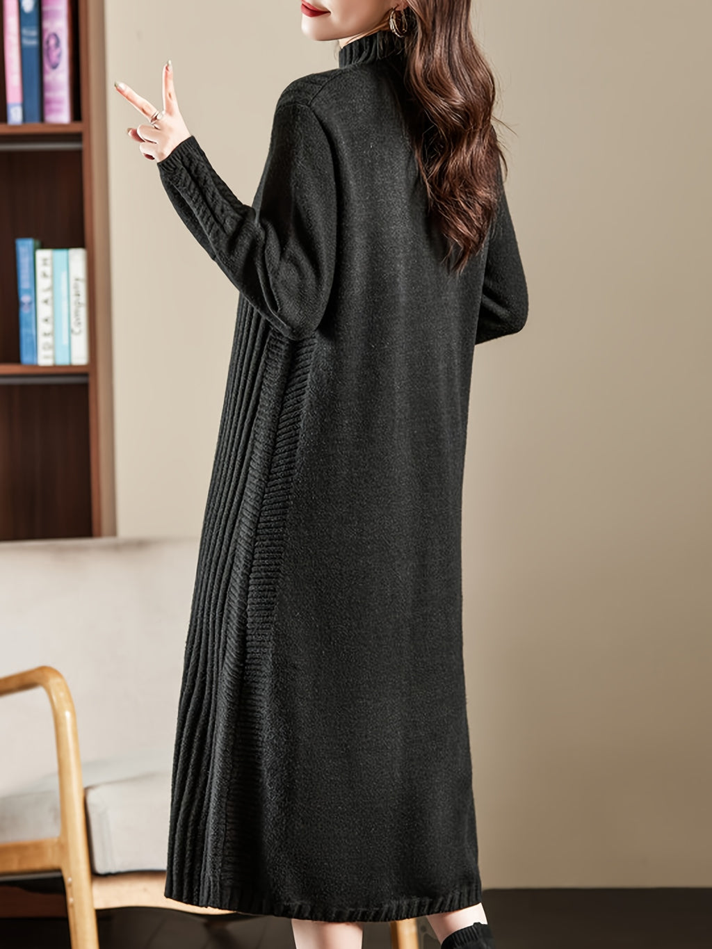 Women's High Neck Long Sleeve Knit Midi Dress - Soft Acrylic Blend, Regular Fit