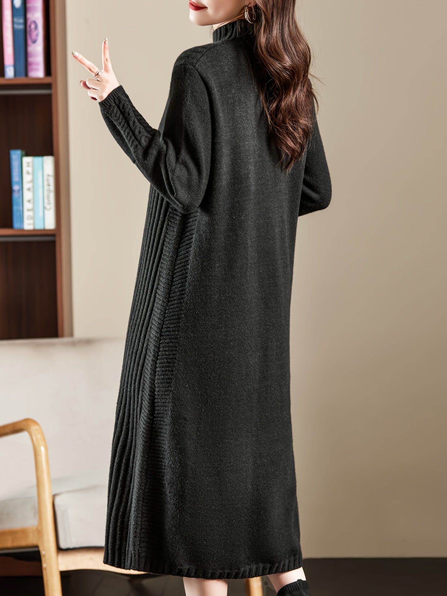 Women's High Neck Long Sleeve Knit Midi Dress - Soft Acrylic Blend, Regular Fit