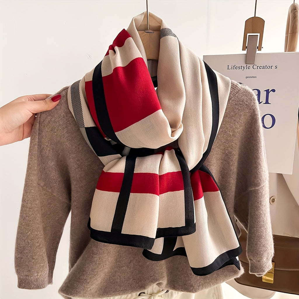 Women's Plaid Color-Block Scarf Shawl - Soft Faux Fleece Wrap, Beige Black Red Stripes, All-Season Neckwear