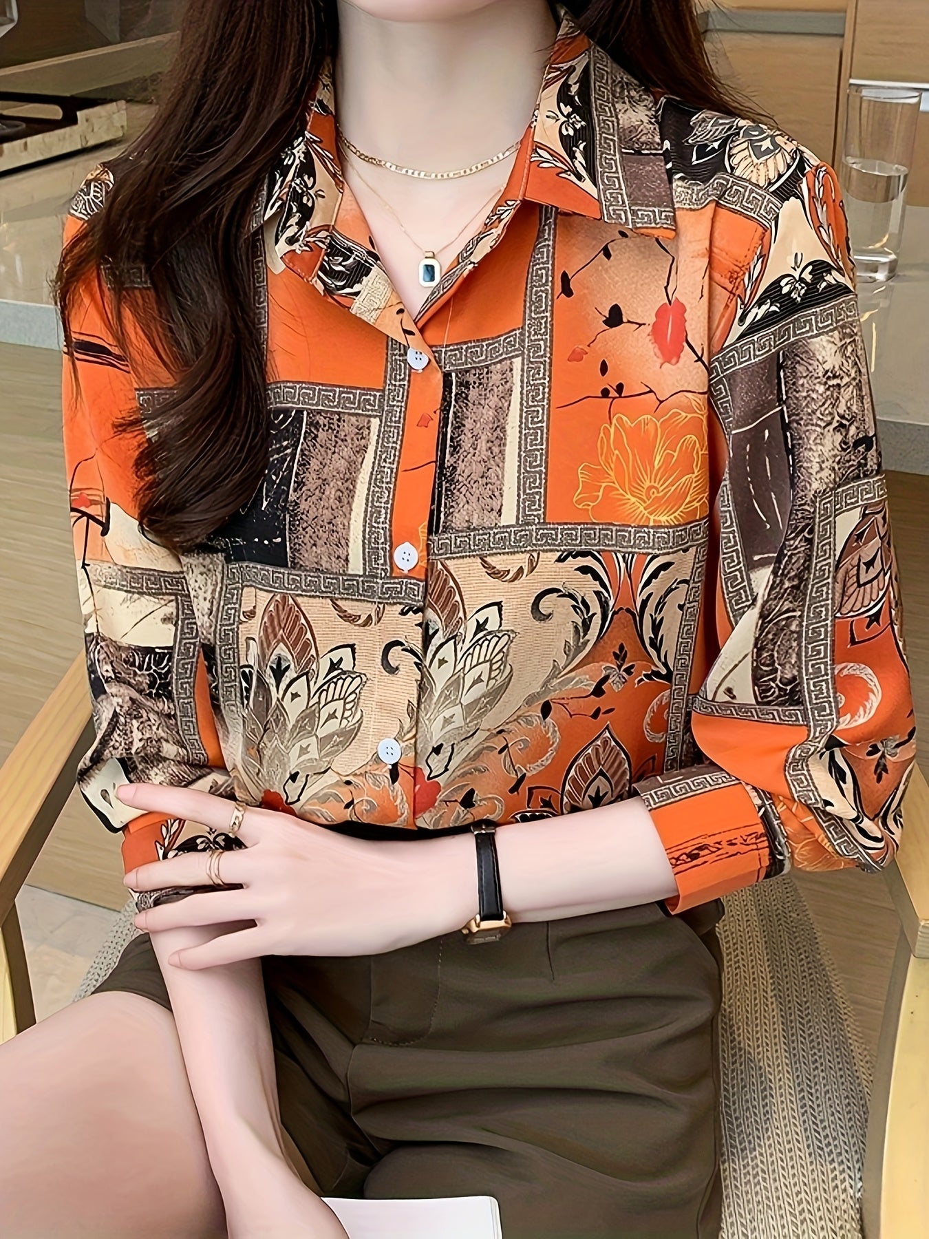 Women's Retro Floral Button-Front Long Sleeve Collared Blouse, Orange Brown - Casual Machine-Washable Polyester