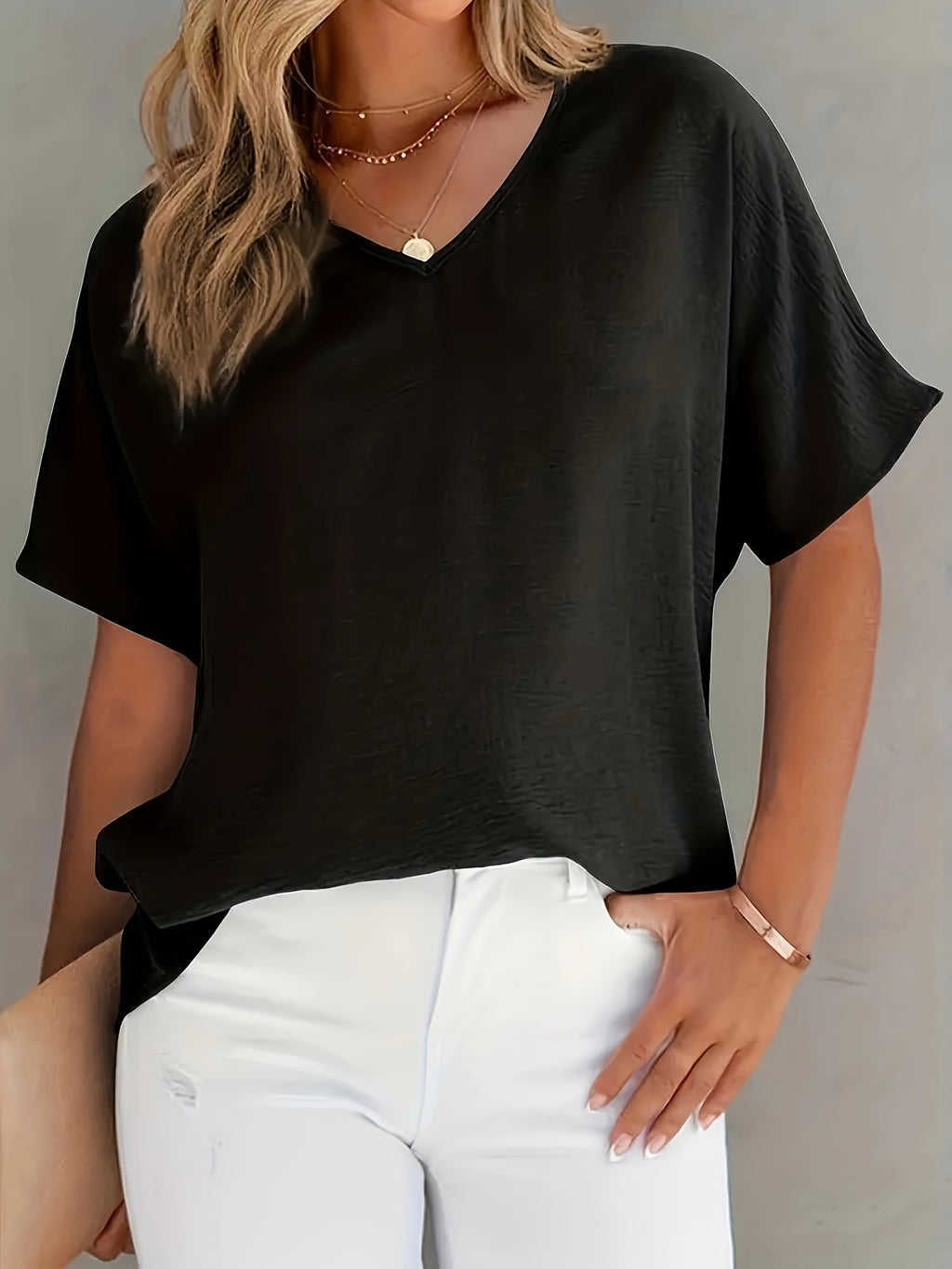 Women's Black V-Neck Blouse – Lightweight Semi-Sheer Polyester Top for Office & Casual Wear, Machine Washable