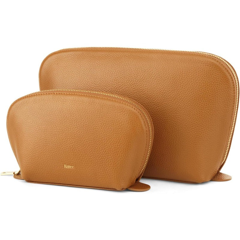 2-Pack Kattee Women's Leather-Look Makeup & Toiletry Organizer Set — Travel Cosmetic Bags with Top & Bottom Access, Multi-Compartment Pouches, Gold Zippers