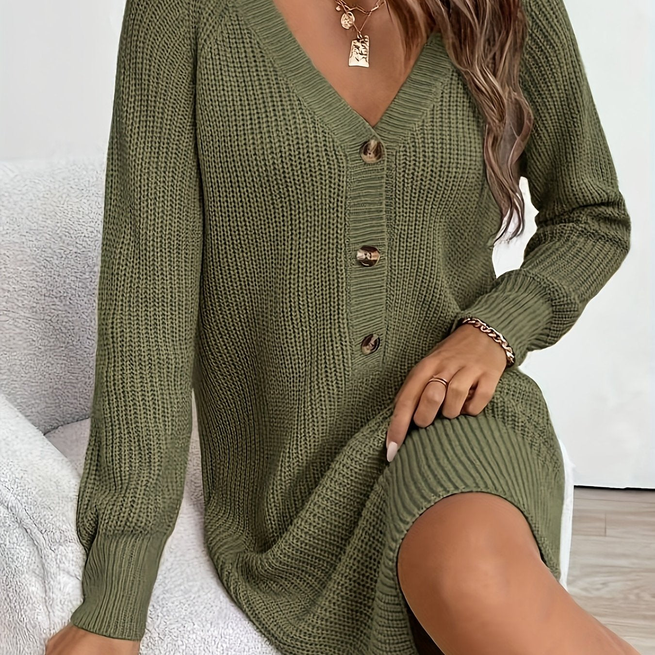 Plus Size Olive V-Neck A-Line Sweater Dress - Short Sleeve Single-Button Closure, Machine Washable Knit for Office & Semi-Formal