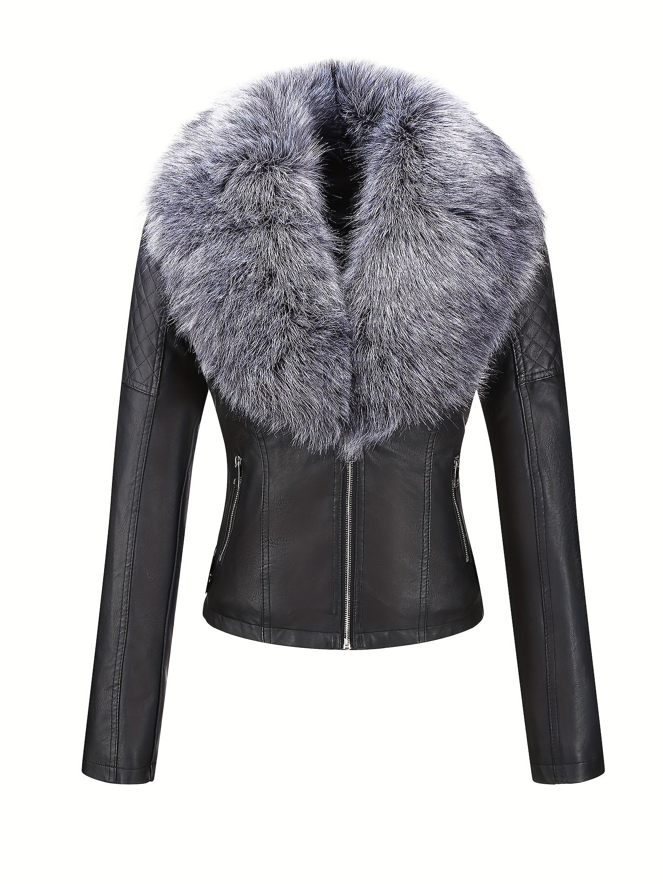 Women's Faux Leather Jacket with Removable Faux Fur Collar, Knit Panels, Zipper Front, Polyester Lined for Fall Winter