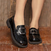 Women's Slip-On Low Heel Loafers with Metal Buckle – Glossy Square Toe Office & Casual All-Season Shoes