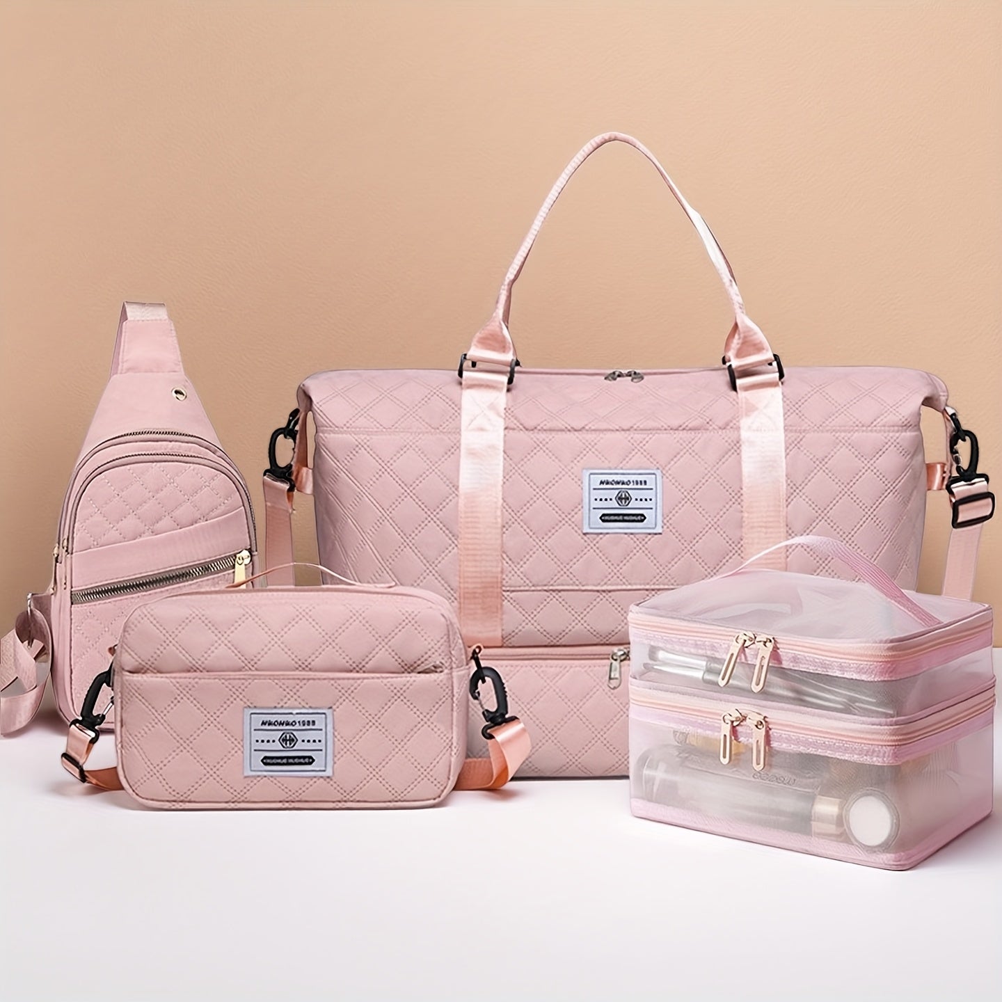 4-in-1 Travel Tote Bag Set – Large Capacity Travel & Gym Tote with Chest Bag, Makeup Pouch & Waist Pack – White, Black, Pink