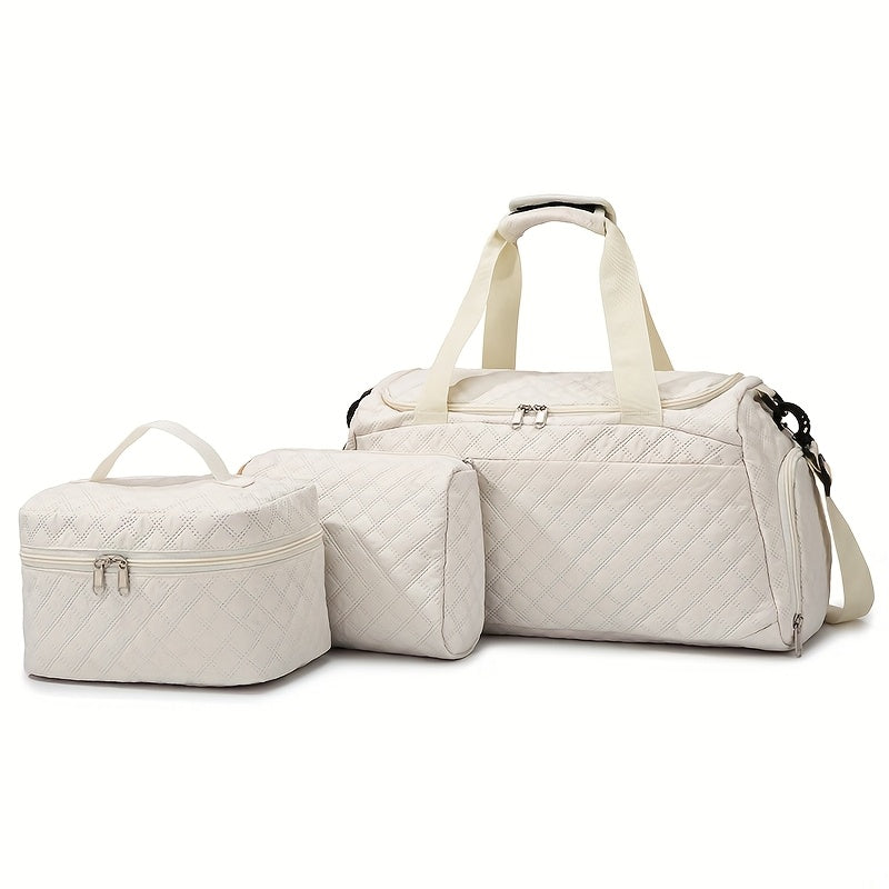Women's Quilted Diamond 3-Piece Bag Set – Large Capacity Nylon Travel Tote, Removable-Strap Handbag & Square Makeup Bag