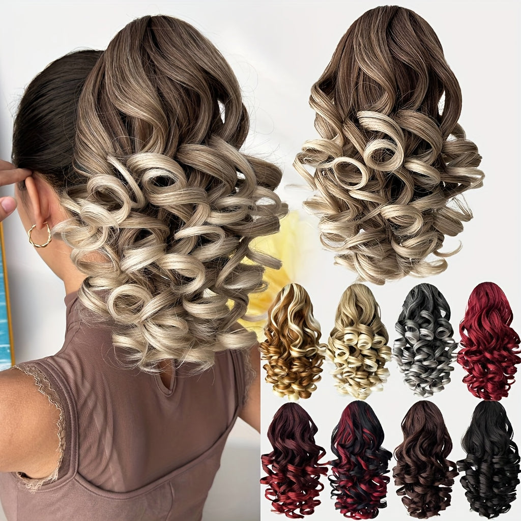12-inch (30 cm) Ombre Brown to Blonde Deep Wave Short Ponytail Extension - Heat-Resistant Synthetic Claw Clip Hairpiece for Women & Girls
