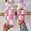 Tie-Dye Plush Slip-On Slippers for Women — Faux Fur Lining, EVA Non-Slip Sole, Pastel Multicolor Indoor House Shoes