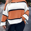 Plus-Size Striped Long Sleeve Knit Sweater – Halter Neck Color Block Pullover (Green, Black & White)