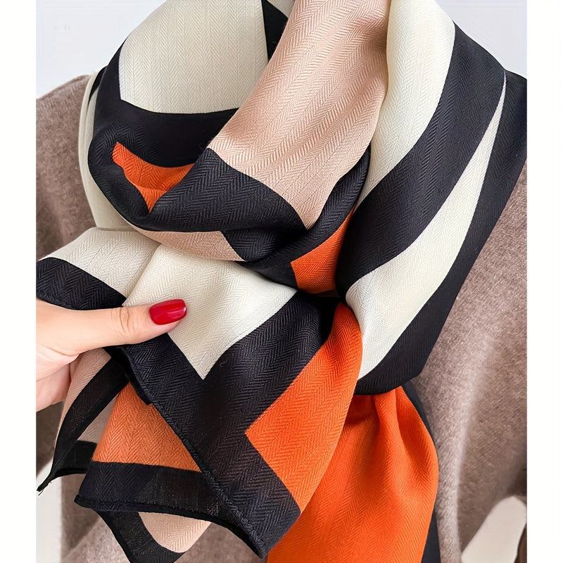 Breathable Polyester Scarf for Women, Windproof Sunscreen Travel Wrap with Contrast Color Print