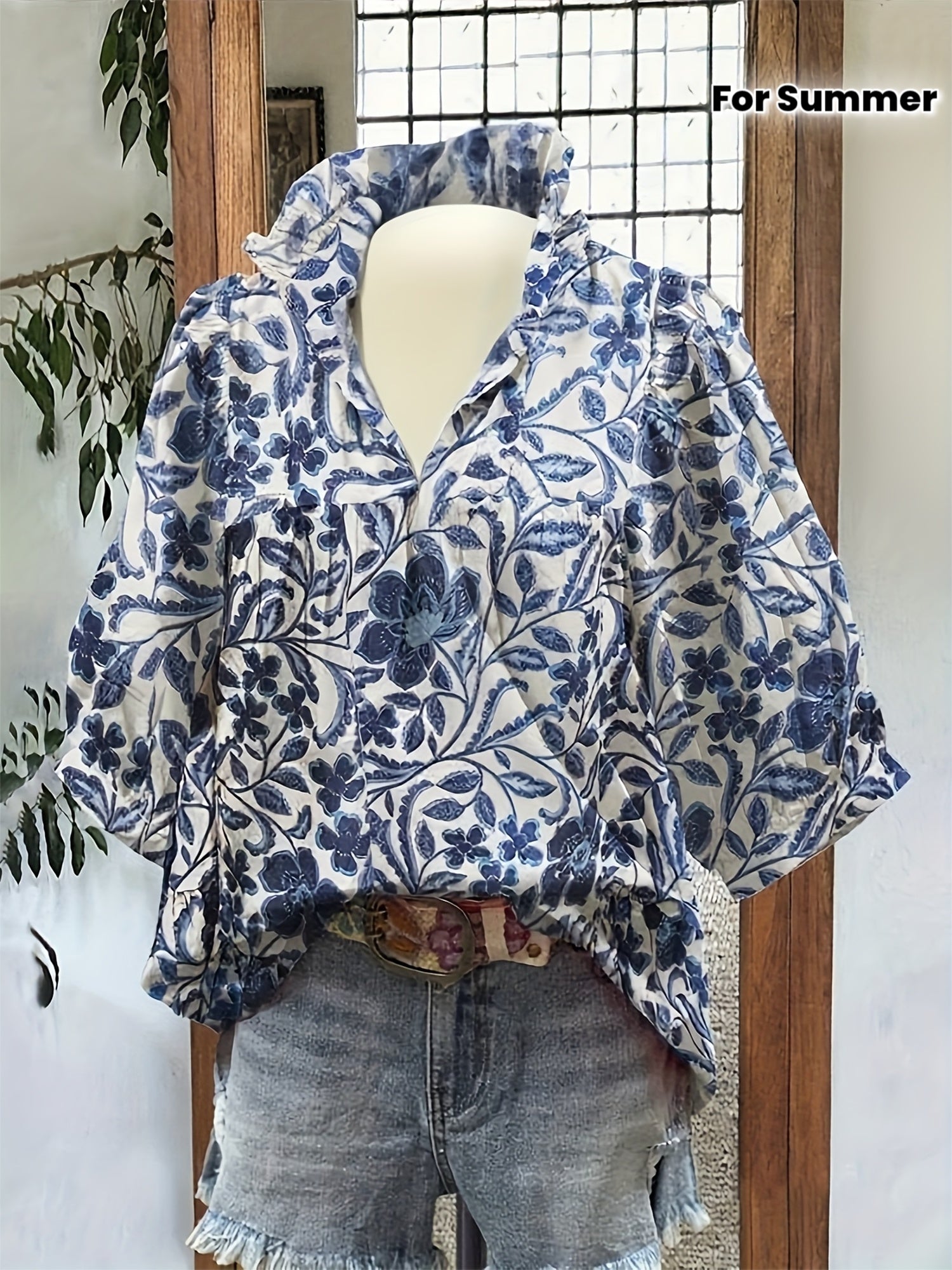 Women's Elegant Floral Short Sleeve Blouse - Stand Collar Lightweight Polyester Top for Spring/Summer/Fall