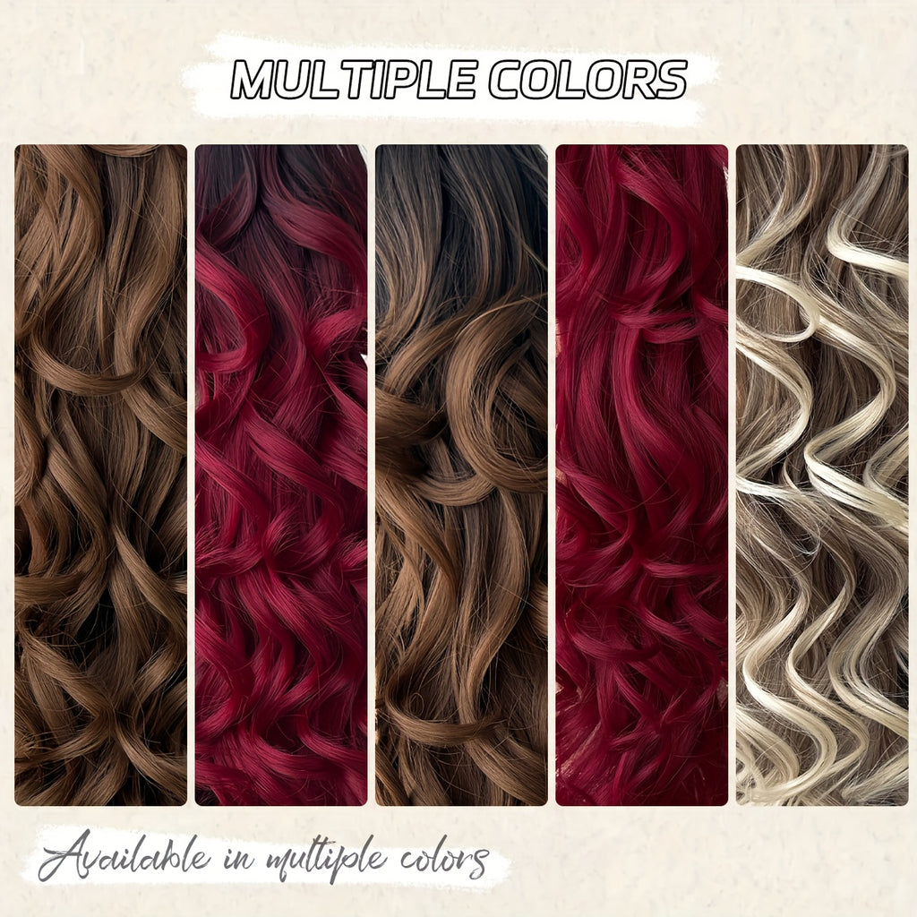 32 in (81 cm) Deep Wave Claw Ponytail Extension - Heat-Resistant Synthetic Clip-In, Burgundy/Brown/Black/Red Gradient