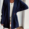 Plus Size Elegant Beige Open Front Cardigan Sweater, Mid-Length Drop Shoulder with Pockets, Non-Bulky Layering for Fall Winter Office & Party