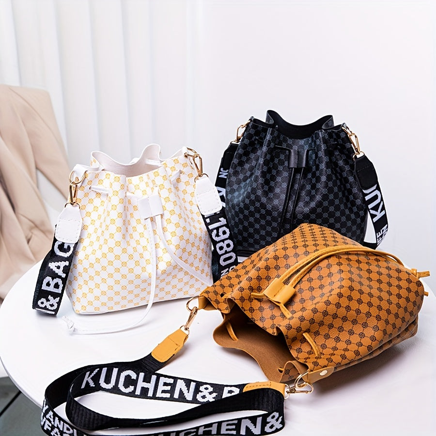 Women's PU Bucket Bag - Large Capacity Drawstring Crossbody & Shoulder Bag with Geometric Print