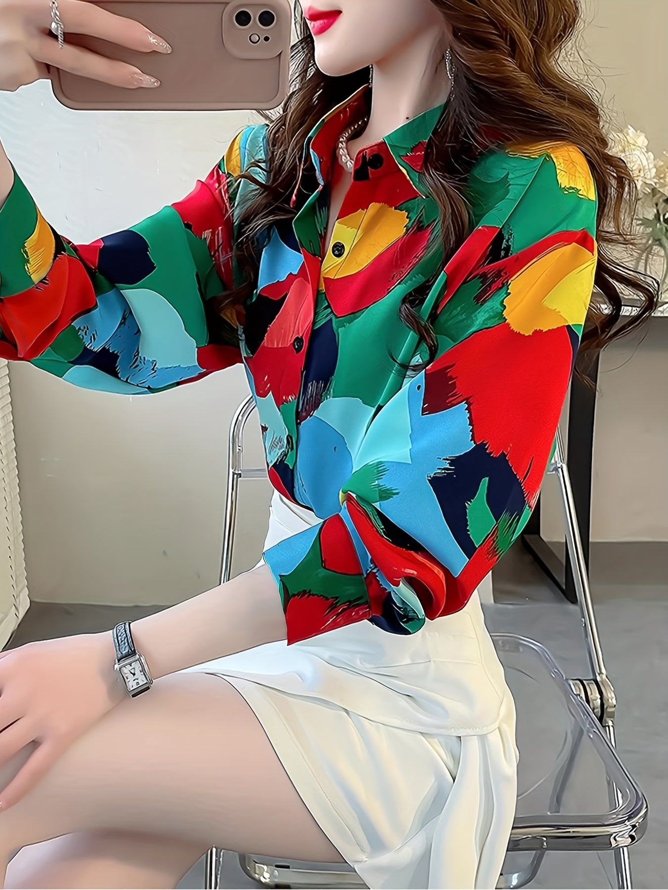 Women's Geometric Print Button-Up Blouse - Long Sleeve Lapel Collar Color Block Top for Casual & Formal Wear