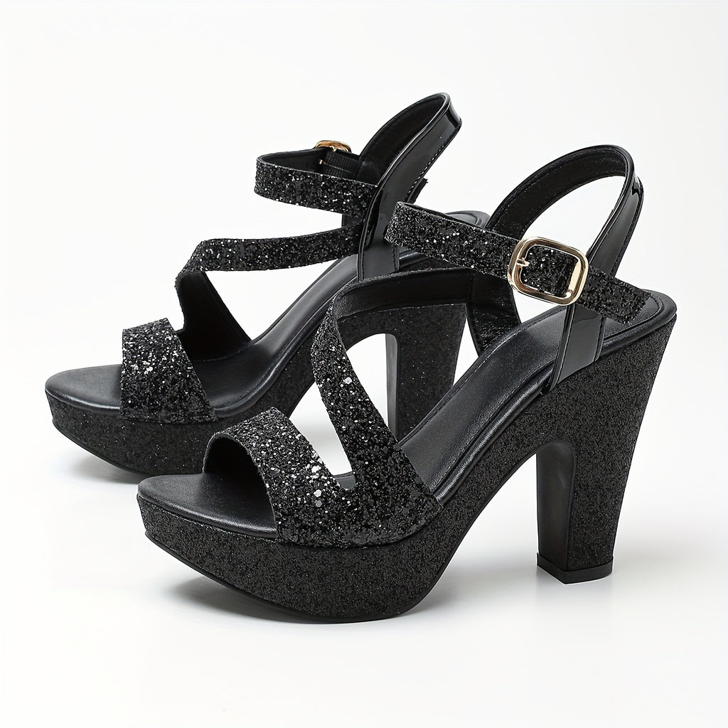 Metallic Block Heel Ankle-Strap Sandals for Women Open Round Toe Hollow Design Ultra-High Thick Heels for Party and Nightclub