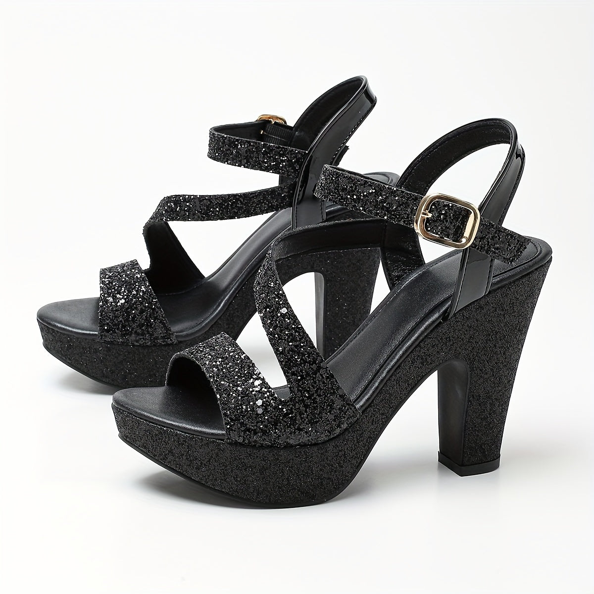 Metallic Block Heel Ankle-Strap Sandals for Women Open Round Toe Hollow Design Ultra-High Thick Heels for Party and Nightclub