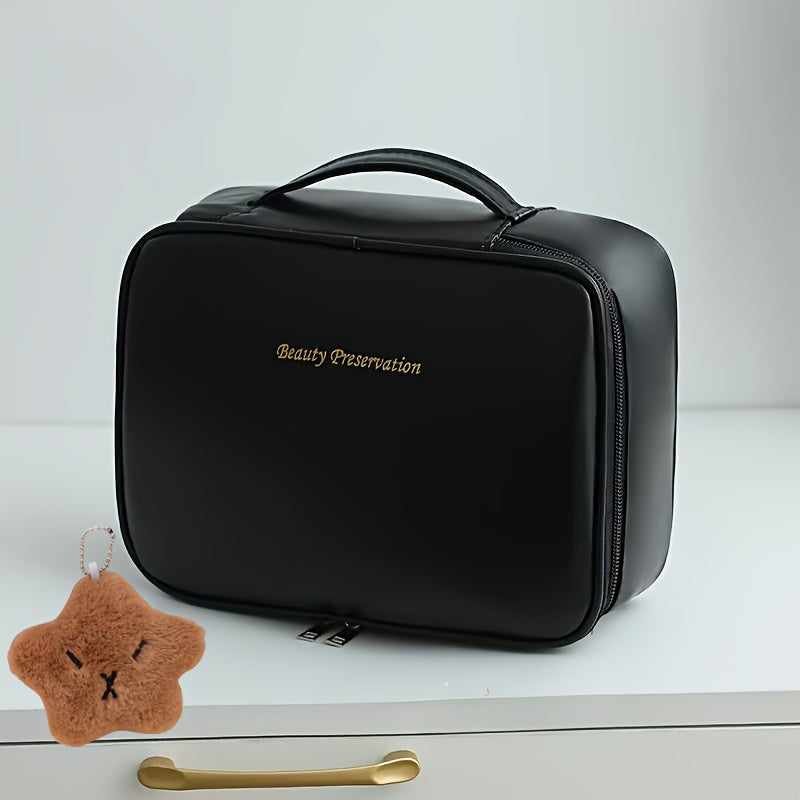 2-Piece Travel Makeup Bag Set - Large Capacity Multi-Layer Faux Leather Cosmetic Organizer with Detachable Brush Holder (White, Black, Pink, Dark Brown)