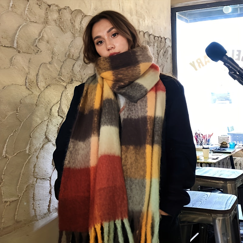 Women's Bohemian Plaid Tassel Scarf — Thick Faux Mohair Rainbow Shawl 240 cm (94.5 in)
