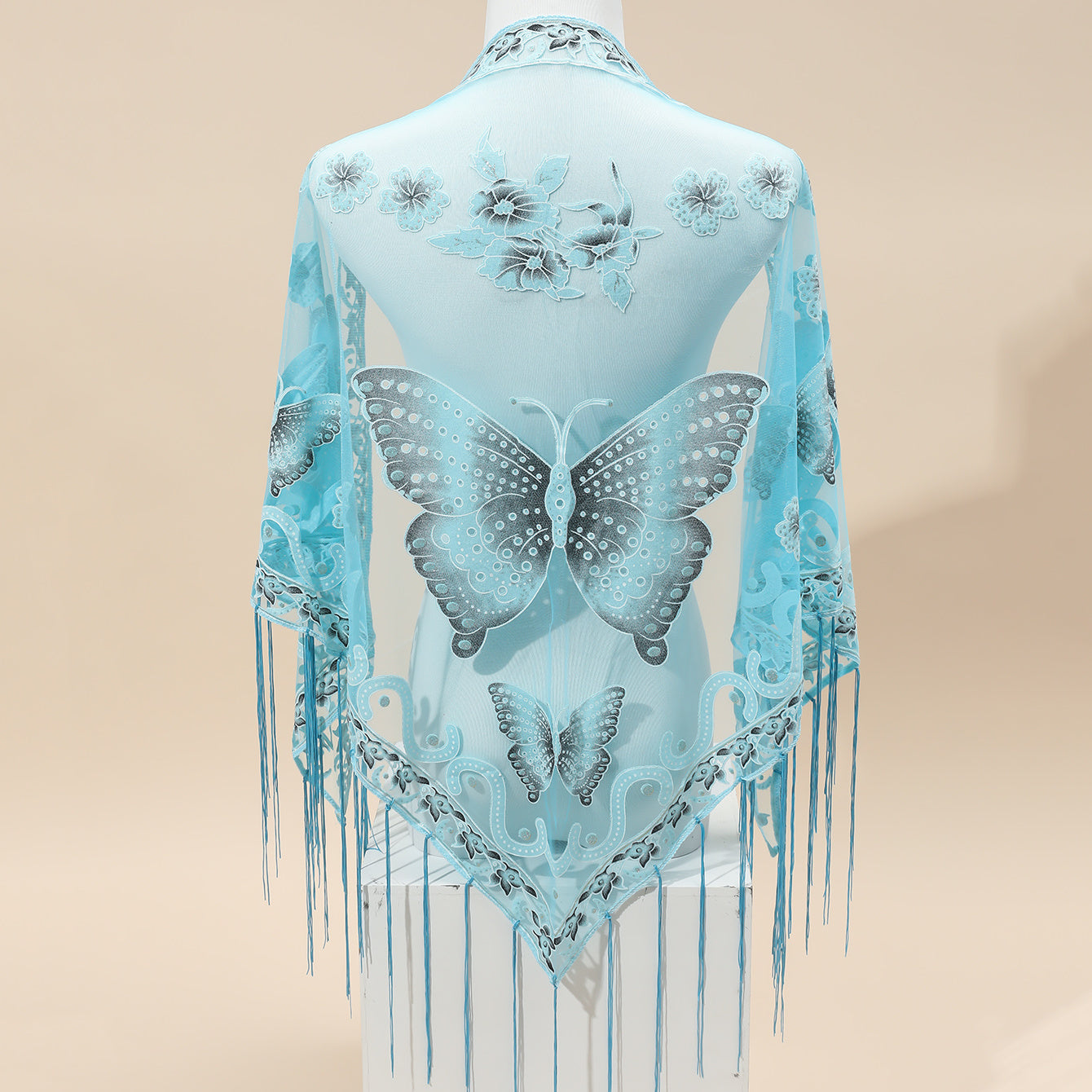 Breathable Embroidered Triangle Scarf 29.5 in x 55.1 in (75 x 140 cm) Lace Tassel Shawl Wrap