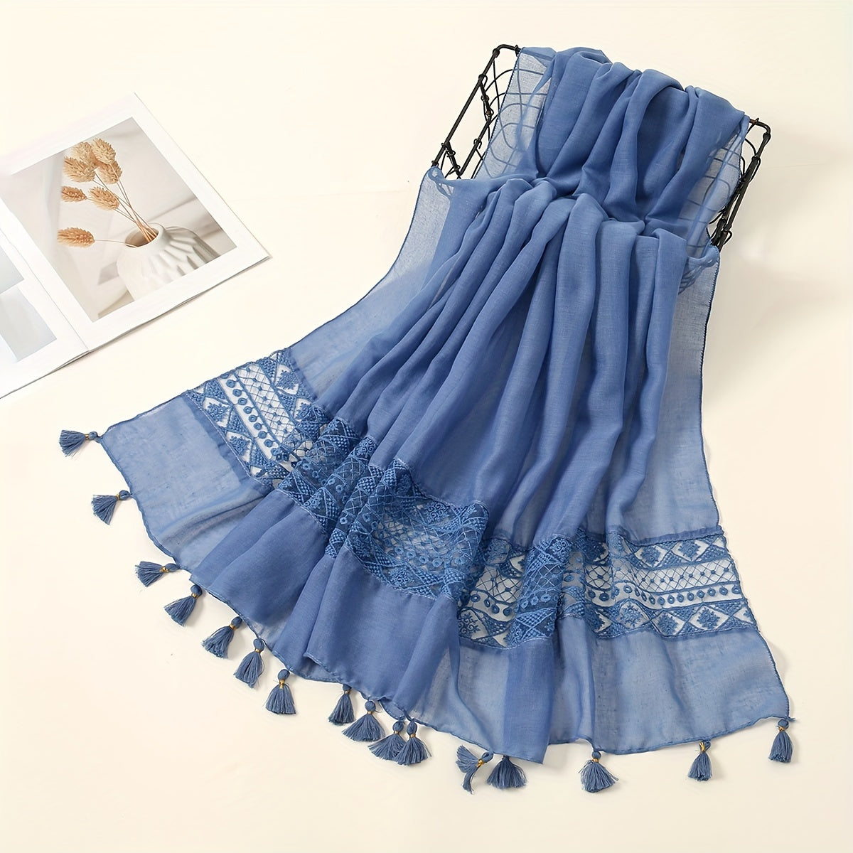 Embroidered Hollow Lace Tassel Scarf for Women — Elegant Lightweight Windproof Wrap for Cold Weather & Eid