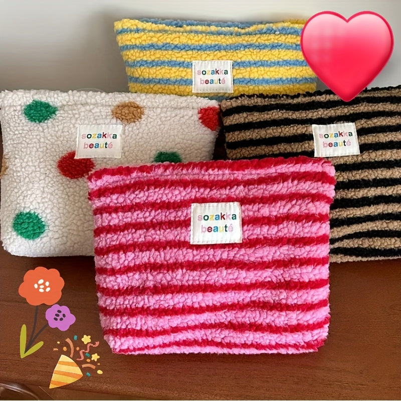 Winter Plush Makeup Bag Polka Dot - Large Capacity Travel Cosmetic Organizer & Wash Bag for Women