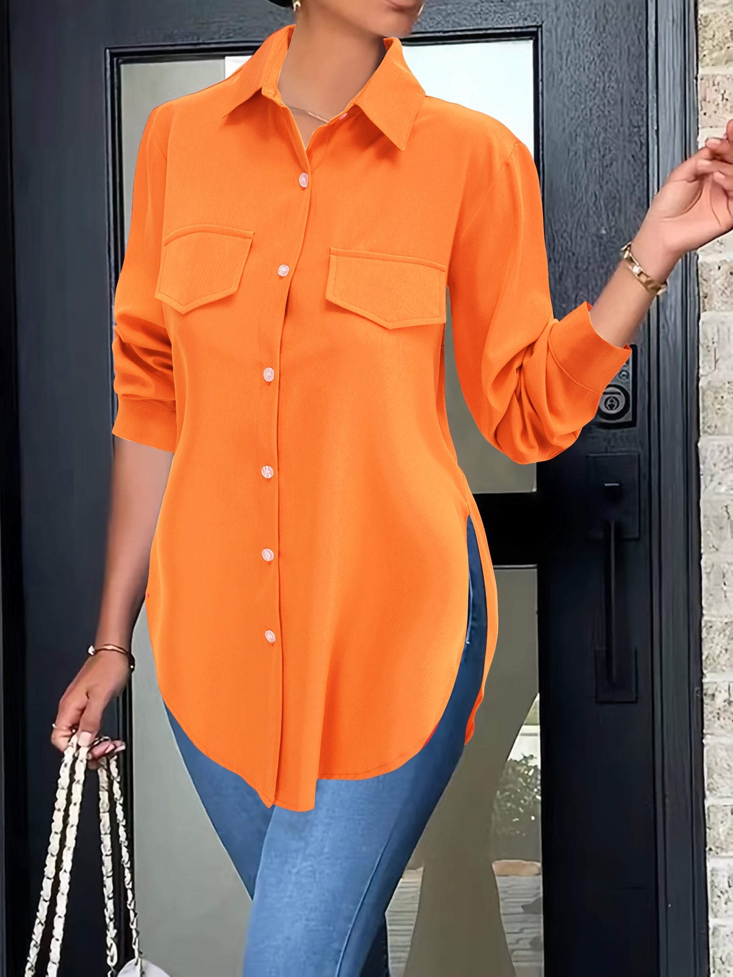 Women's Lapel Collar Button-Front Shirt — Solid Woven Blouse, Lightweight Semi-Sheer All-Season Casual Top