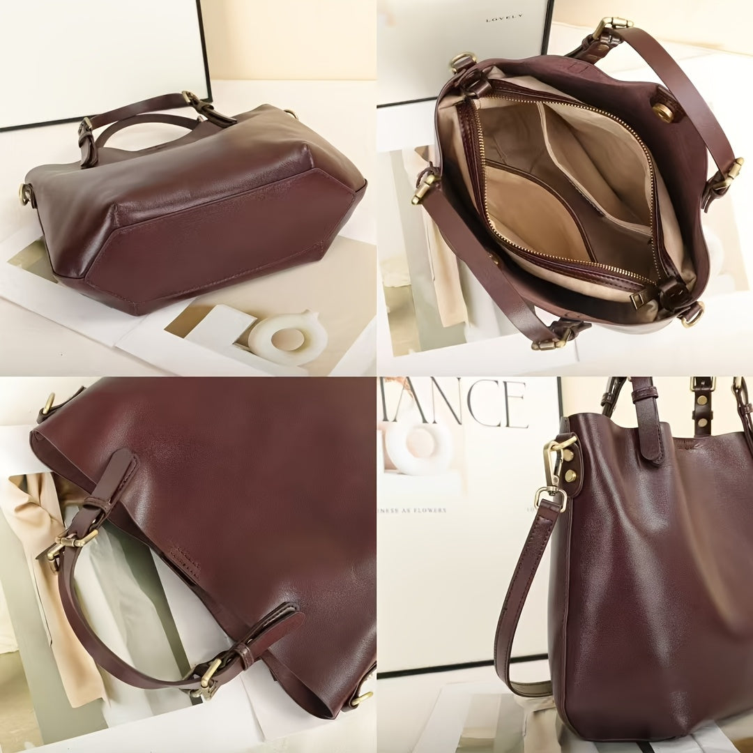 Top-Grain Cowhide Leather Tote Bag for Women - Large-Capacity Minimalist Commuter Handheld Crossbody Bucket Bag