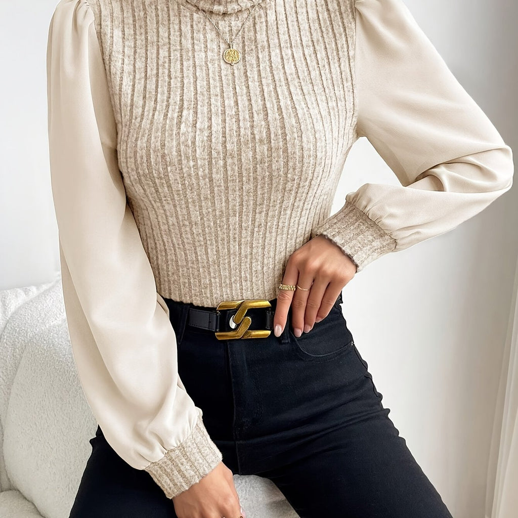 High-Neck Puff Sleeve Blouse for Women - Elegant Solid Color Top