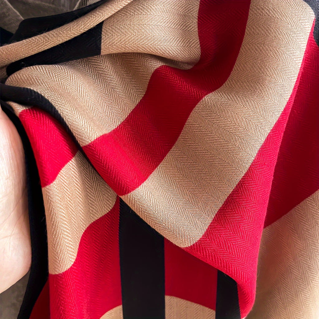 Women's Plaid Color-Block Scarf Shawl - Soft Faux Fleece Wrap, Beige Black Red Stripes, All-Season Neckwear