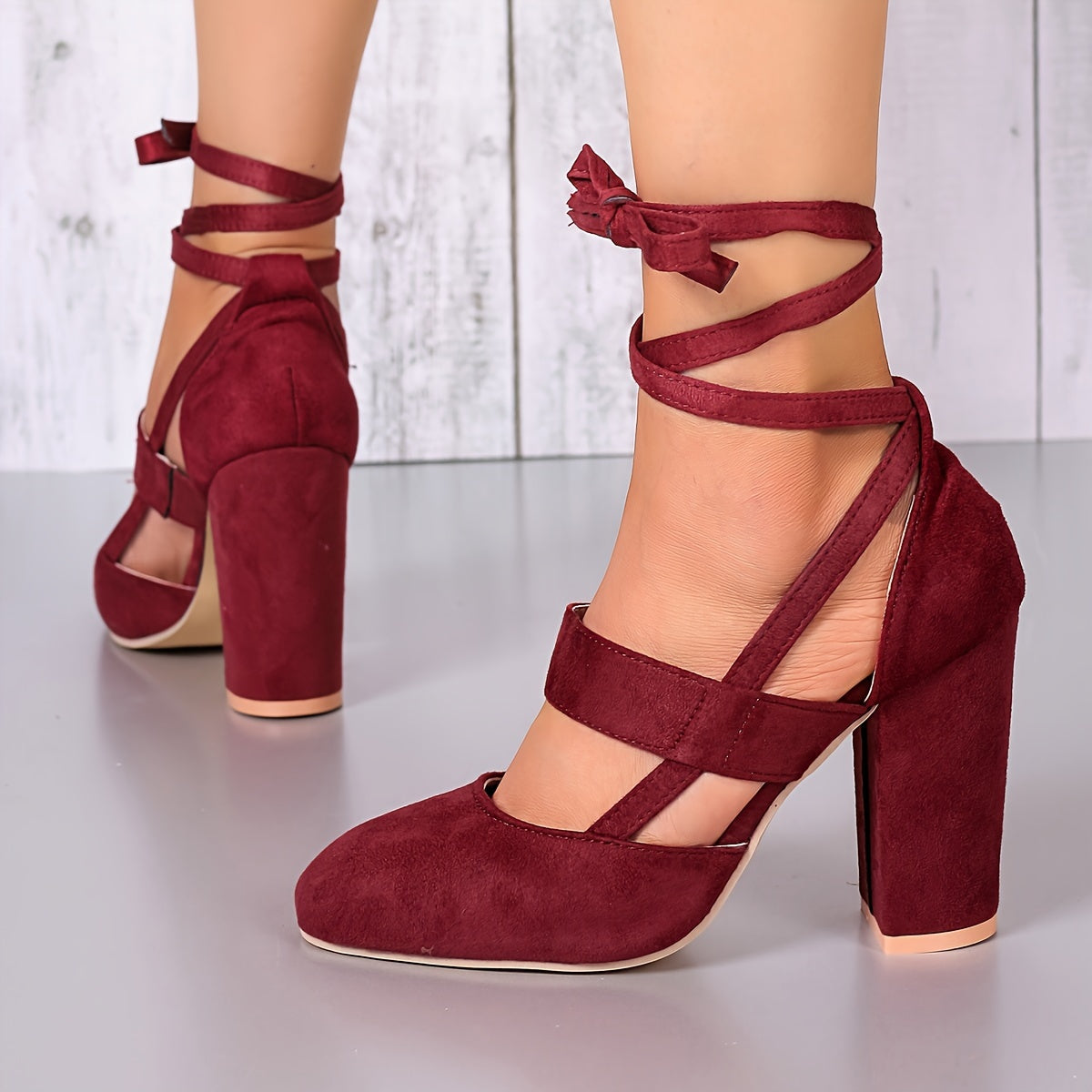 Elegant Women's High Heel Ankle-Strap Sandals – Fabric Upper, Round Toe, Lace-Up Block Heel, Rubber Sole