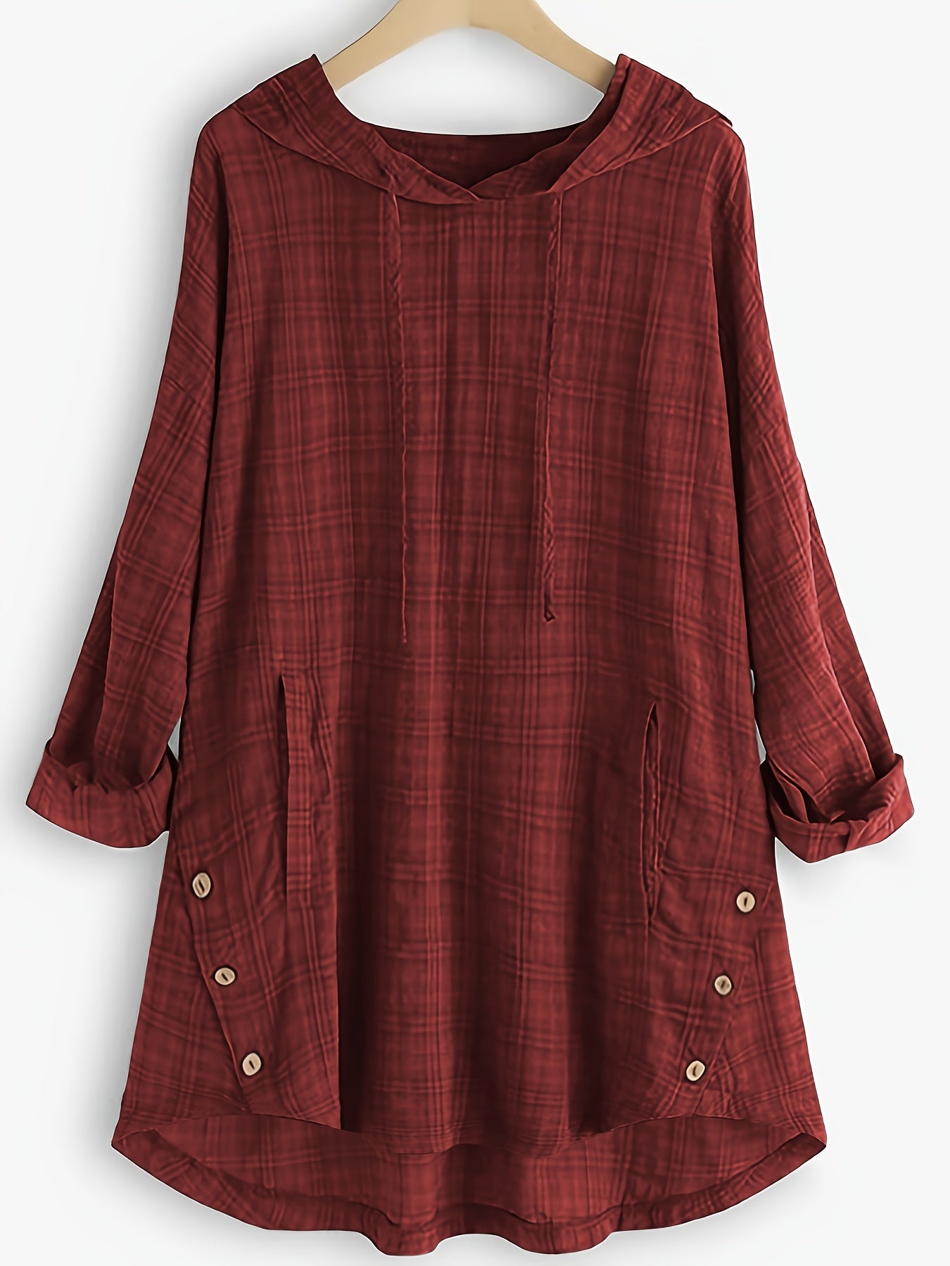 Women's Asymmetrical Plaid Hooded Shirt – Long-Sleeve Drawstring Waist-Tie Casual Blouse