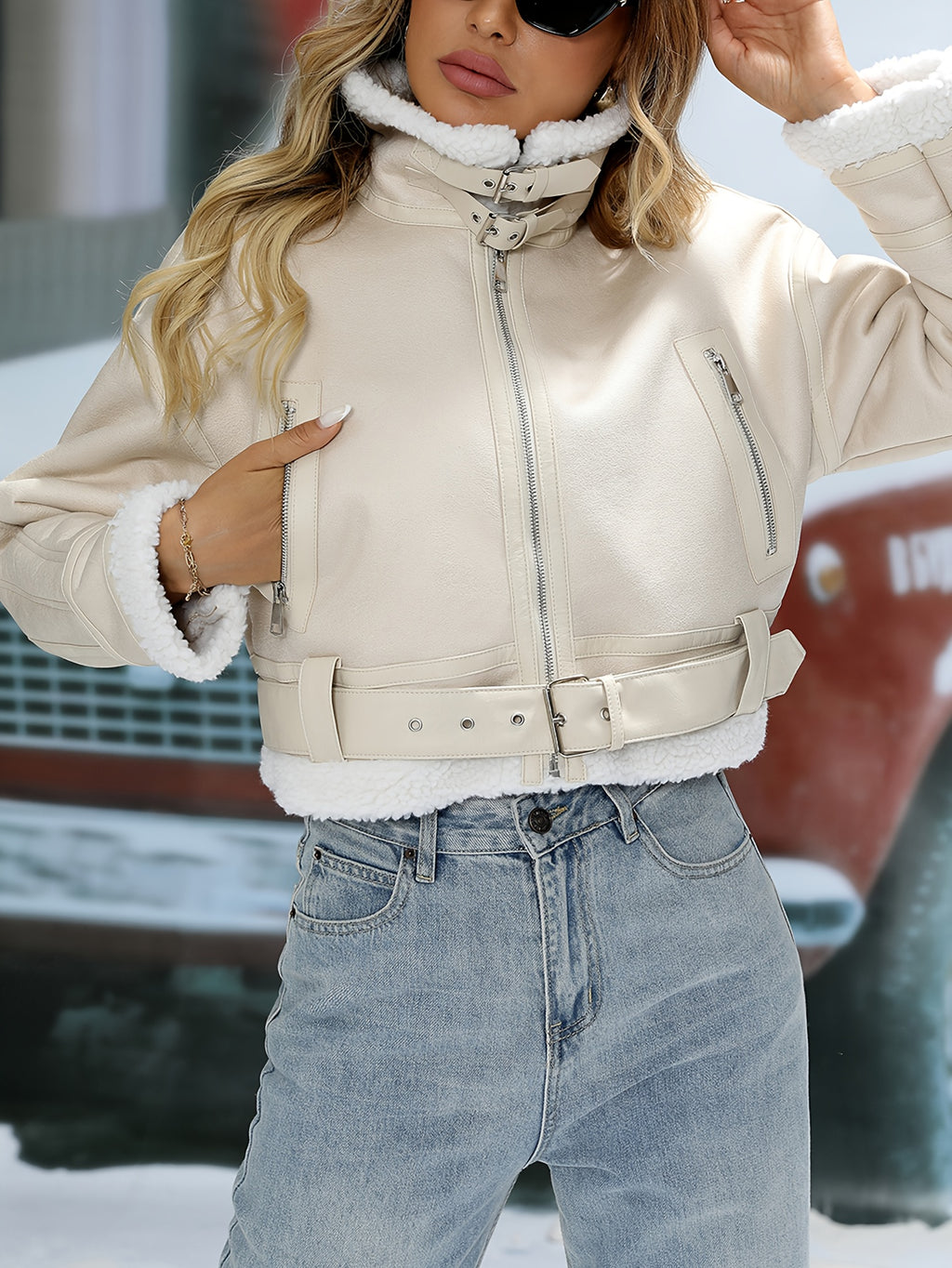 Women's Faux Lamb Fur Leather Belted Lapel Coat, Thick Warm Autumn Winter Jacket