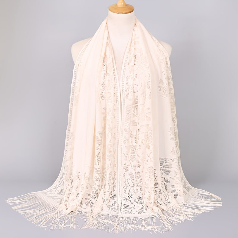 Floral Lace Tassel Scarf Shawl for Women - Bridal Mesh Fringe Wrap for Wedding & Evening
