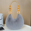 Women's Plush Faux Fur Tote & Crossbody Bag with Beaded Strap – Zipper Closure, Gold-Tone Beads, Multiple Colors