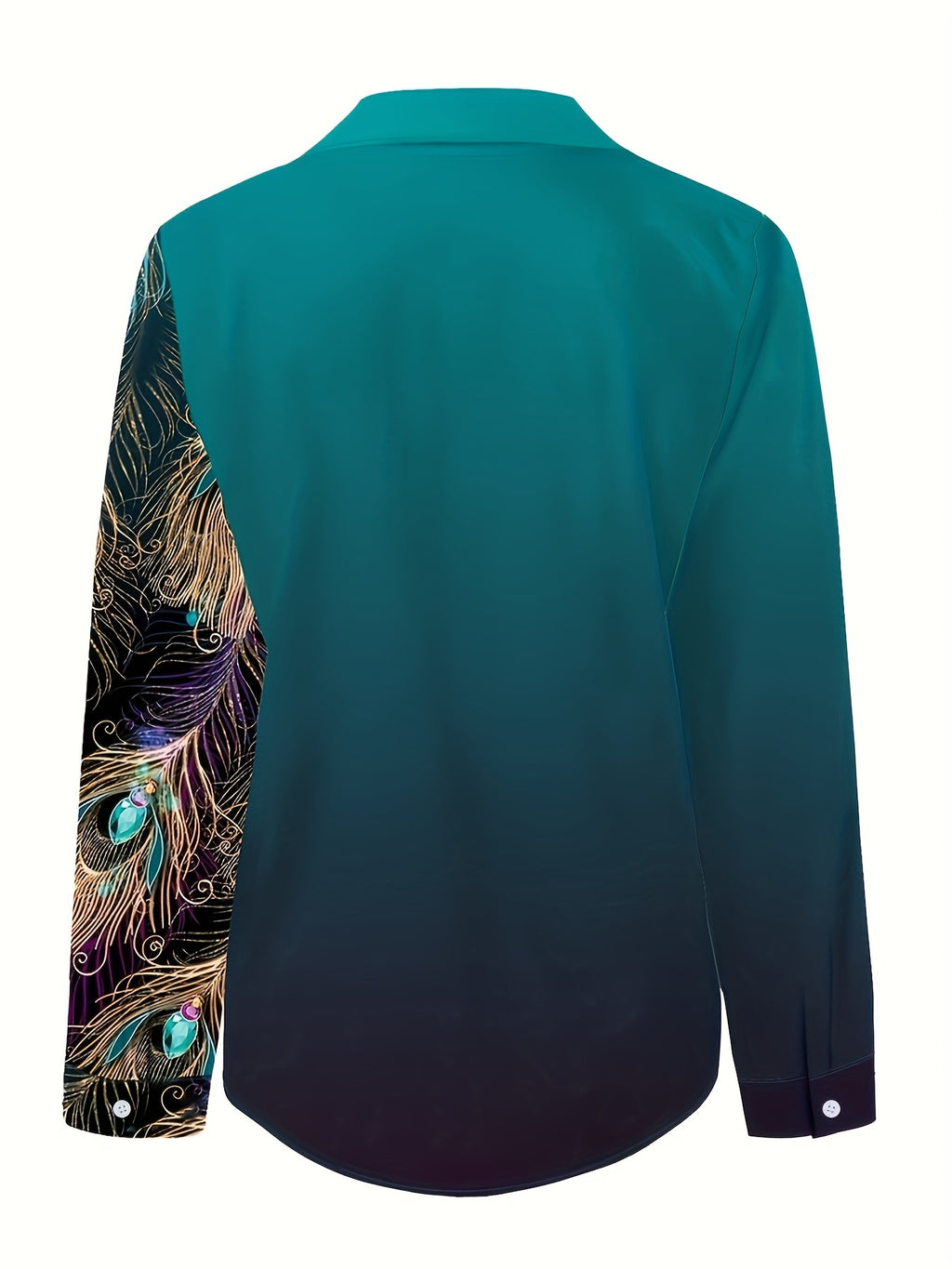 Women's Peacock Print Button-Front Blouse - Turquoise with Gold Buttons, Lapel Collar, All-Season Office & Party Top